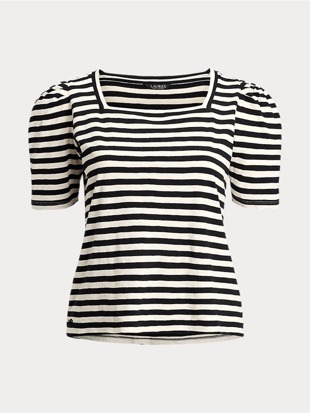 Lauren Ralph Lauren Cream Black Striped Cotton Jersey Puff-Sleeves Tee, Size 1X - Picture 2 of 13